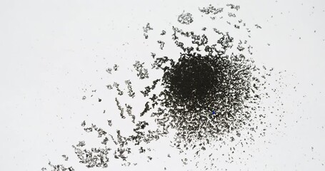 Dust floating. Particles background. Dirt in water. Defocused black flakes motion on white abstract grunge texture with free space. Shot on RED Cinema Camera.