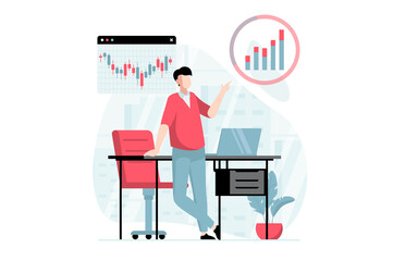 Stock market concept with people scene in flat design. Man is engaged in trading, analyzes bar graphs, charts and market trends, invests money. Illustration with character situation for web
