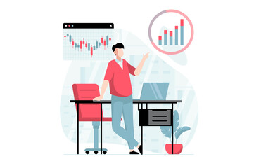 Stock market concept with people scene in flat design. Man is engaged in trading, analyzes bar graphs, charts and market trends, invests money. Illustration with character situation for web