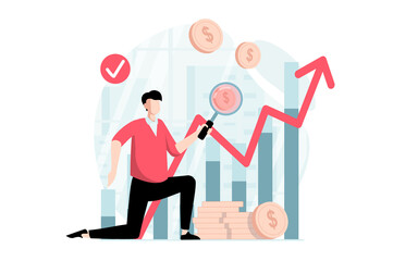 Stock market concept with people scene in flat design. Man creates successful money investment strategy and develops his financial income. Illustration with character situation for web