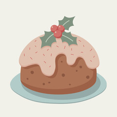 Christmas plum pudding cake with pink sweet glaze, toppings, holly and berries. Can be used for diary, bullet journal, gift wrap, icons, stickers. Vector illustration.