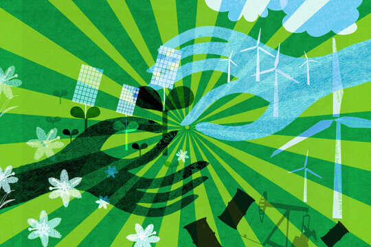 Hands exchanging solar panel shaped as flower