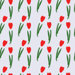 Obraz premium Red tulip and green leaves seamless pattern. Vector illustration. Pattern for print, wallpaper, gift wrap, textile, fashion, packaging, cover, wrapping paper.
