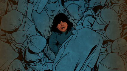 Distressed young girl looking up from cramped sleeping people