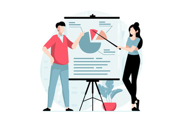 Strategic planning concept with people scene in flat design. Man and woman analyze company statistics at presentation and create development plan. Illustration with character situation for web