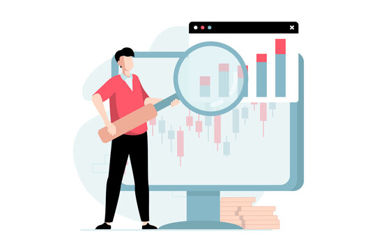 Stock market concept with people scene in flat design. Man with magnifier analyzes growing financial statistics and stock performance on exchange. Illustration with character situation for web