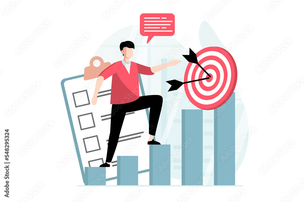 Poster strategic planning concept with people scene in flat design. man develops business, analyzes data, p