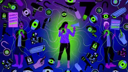 Angry protesters connected to media and surveillance network