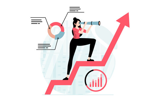 Strategic planning concept with people scene in flat design. Woman finds new opportunities, plans strategy for development and profit growth. Illustration with character situation for web