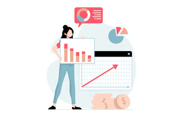 Fototapeta na wymiar Strategic planning concept with people scene in flat design. Woman works with business statistics, does market research and plans company goals. Illustration with character situation for web