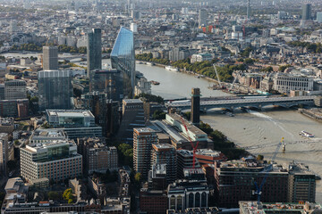 Aerial view over the river Thames and the area of Waterloo in London, England