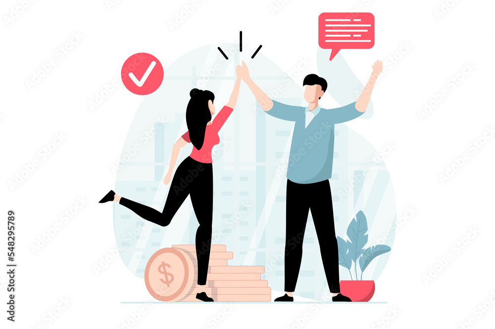 Poster Teamwork concept with people scene in flat design. Man and woman give high five, discuss tasks and communicate, success cooperate and collaborate. Illustration with character situation for web
