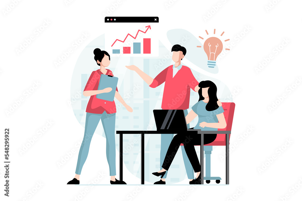 Poster teamwork concept with people scene in flat design. colleagues analyze data and generate new ideas, d