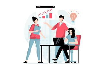 Teamwork concept with people scene in flat design. Colleagues analyze data and generate new ideas, discuss problems, find solutions for business. Illustration with character situation for web