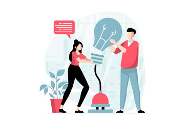 Teamwork concept with people scene in flat design. Man and woman find new business solutions and innovations, generate ideas and brainstorming. Illustration with character situation for web