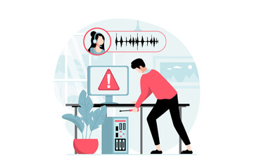Technical support concept with people scene in flat design. Man listening to voice instructions and repairing computer using advice of operator. Illustration with character situation for web