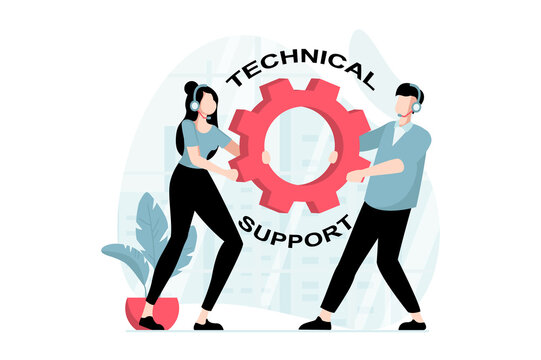 Technical support concept with people scene in flat design. Man and woman in headphones receive calls and messages and help solve tech problems. Illustration with character situation for web