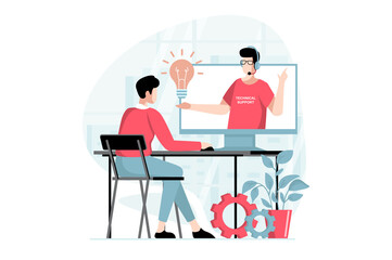 Technical support concept with people scene in flat design. Man watches video tutorial with tips on repairing and settings from tech specialist. Illustration with character situation for web - obrazy, fototapety, plakaty