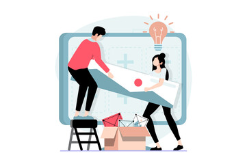 UI and UX design concept with people scene in flat style. Man and woman generate new ideas and make creative modern layout and site template. Illustration with character situation for web