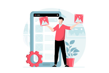 UI and UX design concept with people scene in flat style. Man makes creative modern layout, fills template with content and places buttons. Illustration with character situation for web