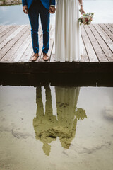 Reflection of bride and groom on the lake - 548296564