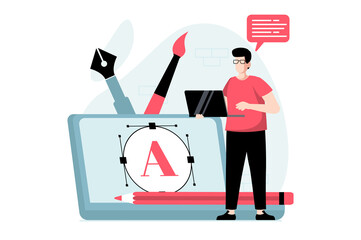 UI and UX design concept with people scene in flat style. Man illustrator develops graphic content to filling site, works with drawing tools. Illustration with character situation for web - obrazy, fototapety, plakaty