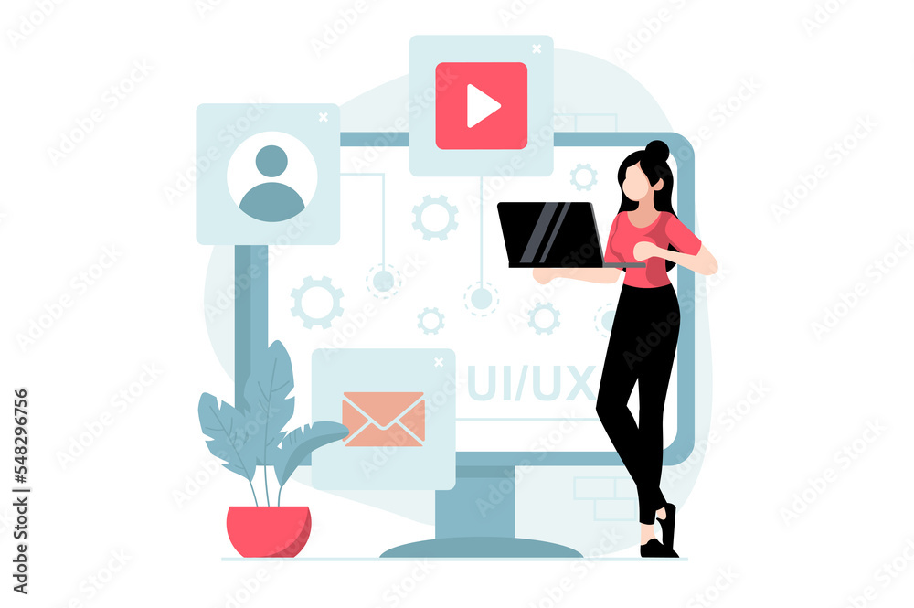 Wall mural ui and ux design concept with people scene in flat style. woman work as designers, create interfaces