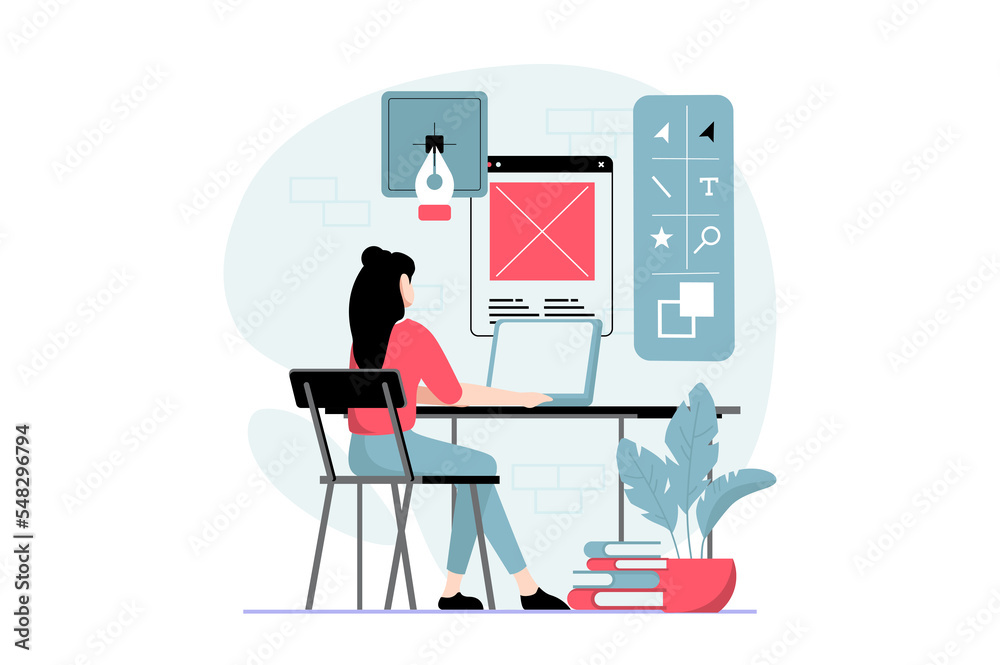 Fototapete UI and UX design concept with people scene in flat style. Woman work as illustrator, drawing content and elements, creates buttons for layouts. Illustration with character situation for web
