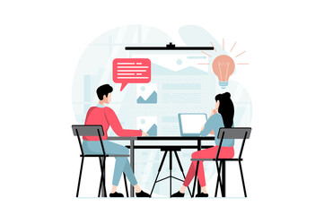 UI and UX design concept with people scene in flat style. Man and woman work as designers, brainstorming and create interfaces for applications. Illustration with character situation for web - obrazy, fototapety, plakaty