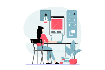 UI and UX design concept with people scene in flat style. Woman work as illustrator, drawing content and elements, creates buttons for layouts. Illustration with character situation for web - obrazy, fototapety, plakaty