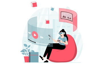 Virtual reality concept with people scene in flat design. Woman in VR glasses learns in metaverse and watches video on screen in augmented reality. Illustration with character situation for web