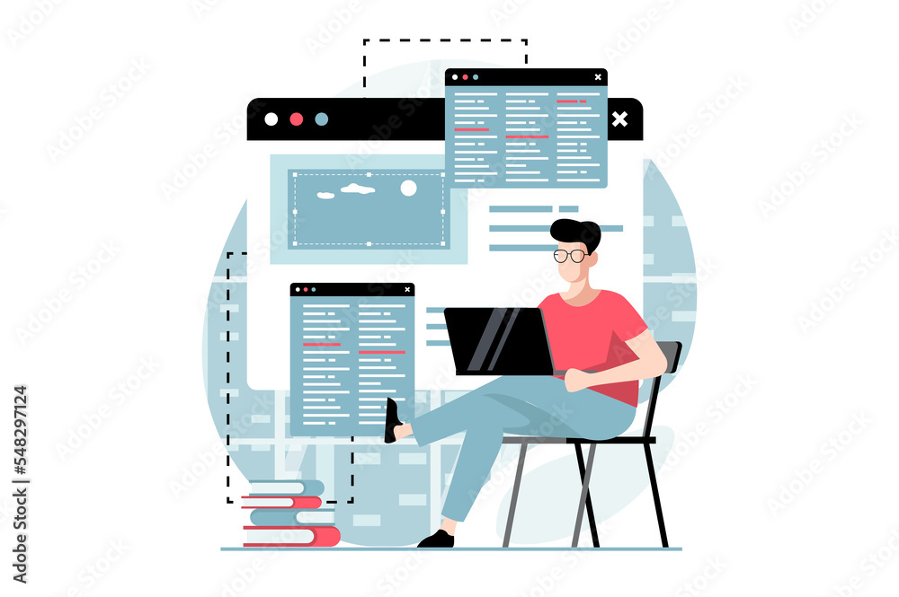 Aufkleber Web development concept with people scene in flat design. Man programming and writing code, tests and fixes bugs, works on different screens. Illustration with character situation for web