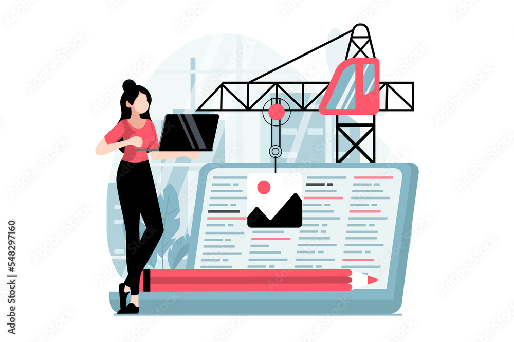 Wall mural web development concept with people scene in flat design. woman writes code and builds wireframe tem
