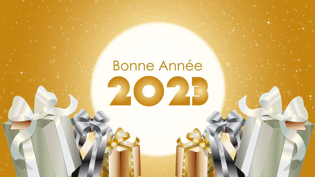 bonne année 2023, groupes de cadeaux sur fond doré étoilé horizontal, avec cercle blanc central
