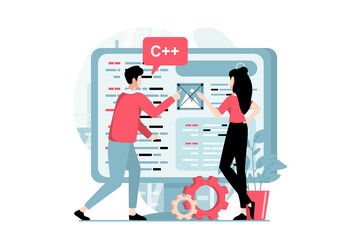 Web development concept with people scene in flat design. Woman and man discussing tasks and work on project, write code, tests and optimizes site. Illustration with character situation for web - obrazy, fototapety, plakaty
