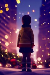Naklejka premium AI-generated Image Of A Little Girl Looking At The Big City Christmas Lights
