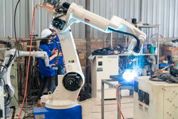 Robotics engineer working on maintenance of modern robotic arm in factory warehouse