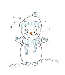 Vector illustration of a snowman in doodle style. Cute snowman for children's book, sticker, packaging, print