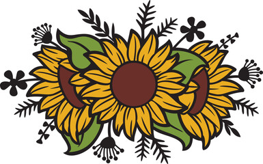 Fototapeta premium Floral Sunflowers and Plants. (Flower bouquet). Vector Illustration.