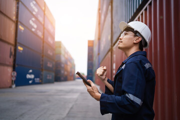 Engineer or foreman controls loading of containers from cargo ship for import export, worker checking container load, logistics concept Import export industry, success concept