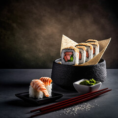 Luxurious set design with sushi, sashimi and Japanese food