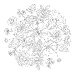 A ball of flowers. Flower bouquet, hand-drawn flower frames, circular monograms. An elegant frame for invitations, wedding decor or greeting cards.