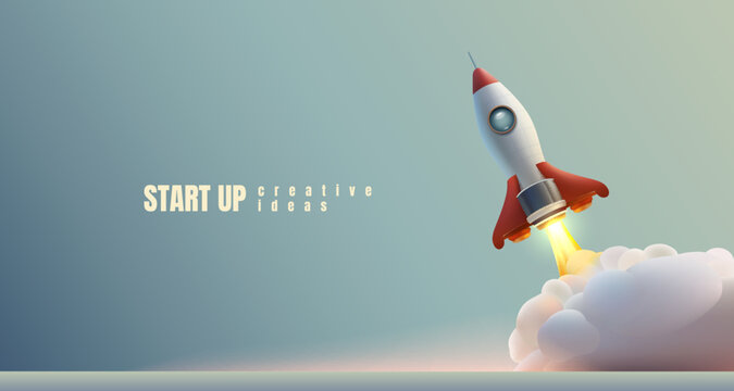 Rocket space startup, creative idea cover, landing page web site, Vector illustration 
