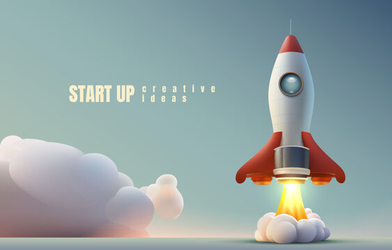 Rocket Space Startup, Creative Idea Cover, Landing Page Web Site, Vector Illustration 