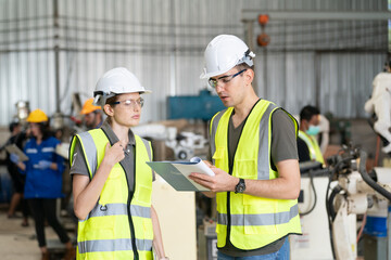 Robotics engineer working on maintenance of modern robotic arm in factory warehouse