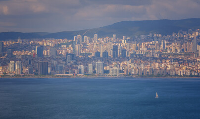 Istanbul Bosphorus panoramic photo. Istanbul landscape beautiful sunset with clouds  . Best tourist destination Turkey. Travel and business concept.