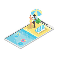 Isometric swimming pool with stairs and clean water in smartphone. Summer vacation by the pool. Vector vertical illustration.
