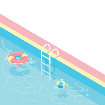 Isometric swimming pool with a staircase and clear water. Summer vacation by the pool. Colorful image of summer fun. 