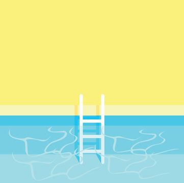 Swimming pool with stairs and clear water. Summer relaxation by the pool. A colorful image of summer fun. Vector template in a simple style.
