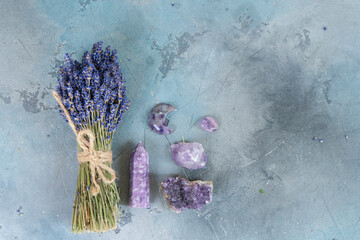 Healing crystals on brown background